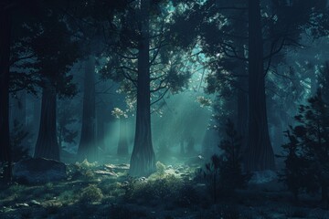 Fototapeta premium Sunlight Through Dense Forest Trees at Dusk