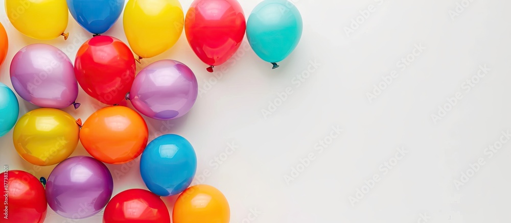 Poster top view of vibrant balloons against a white backdrop with ample copy space image available