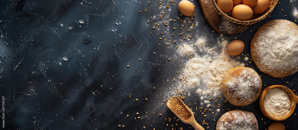 Aufkleber top view of baking preparation on a dark background with sprinkled wheat flour featuring pastry text