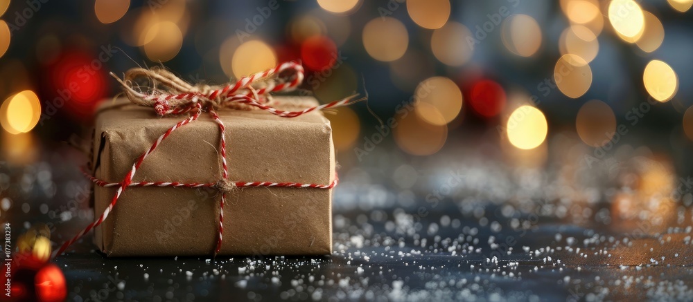 Poster dark background with bokeh lights frames a vintage christmas gift box in kraft paper and red twine c