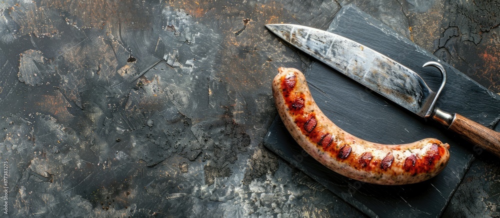 Poster a sausage on a knife against a stone backdrop ideal for adding text with a copy space image
