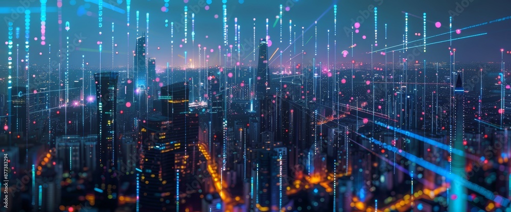 Poster the concept of the smart city and abstract dot points is connected with gradient lines and aesthetic
