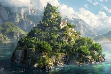 Lush Green Island With Ancient Ruins and Mountainous Landscape