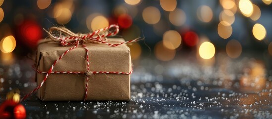 Dark background with bokeh lights frames a vintage Christmas gift box in kraft paper and red twine creating a holiday backdrop with ample copy space for customization