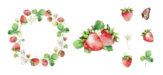 Watercolor straberry set wit wreath, berry and flowers