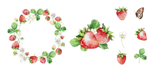 Watercolor straberry set wit wreath, berry and flowers
