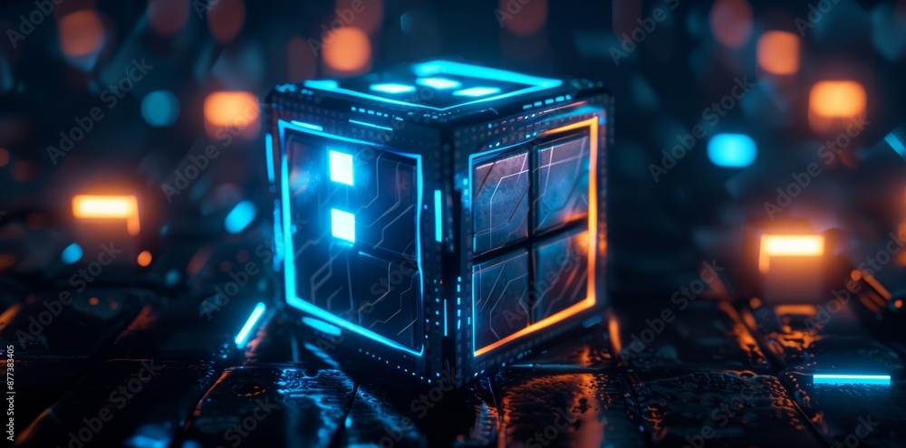 Aufkleber an abstract concept of a sci-fi block cube. illustration in 3d