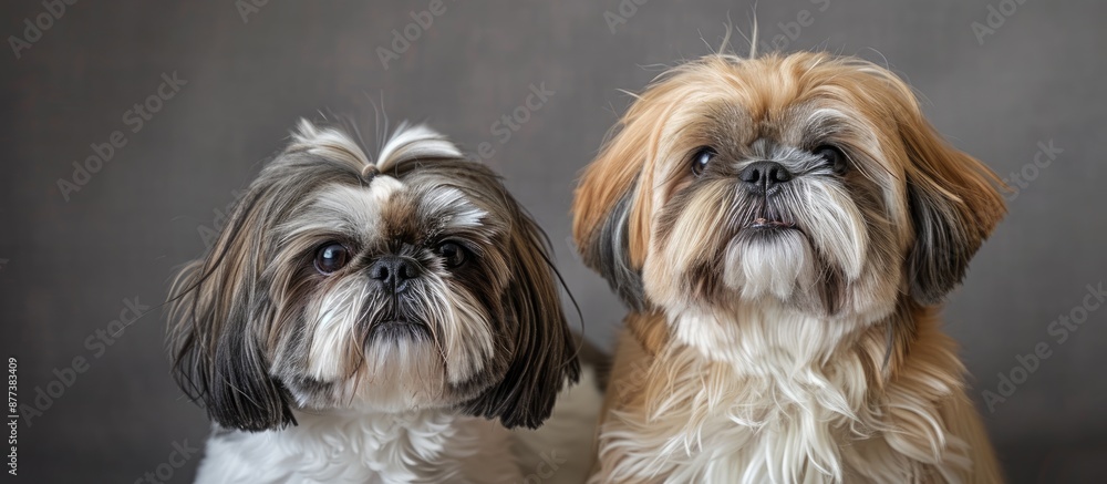 Poster a pair of shih tzu dogs posing in a studio with a grey background creating a lovely composition with