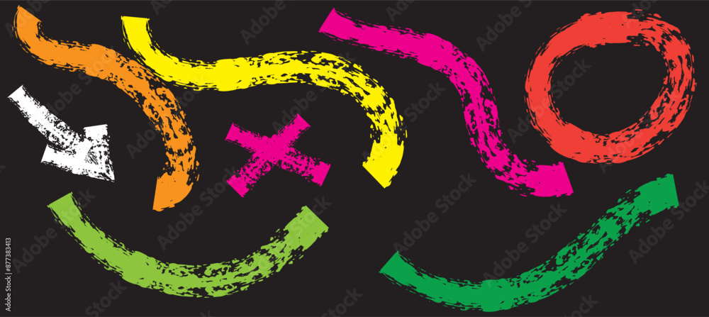 Poster multi colored squiggles with circles seamless pattern. brush drawn bold curved lines, waves and swir