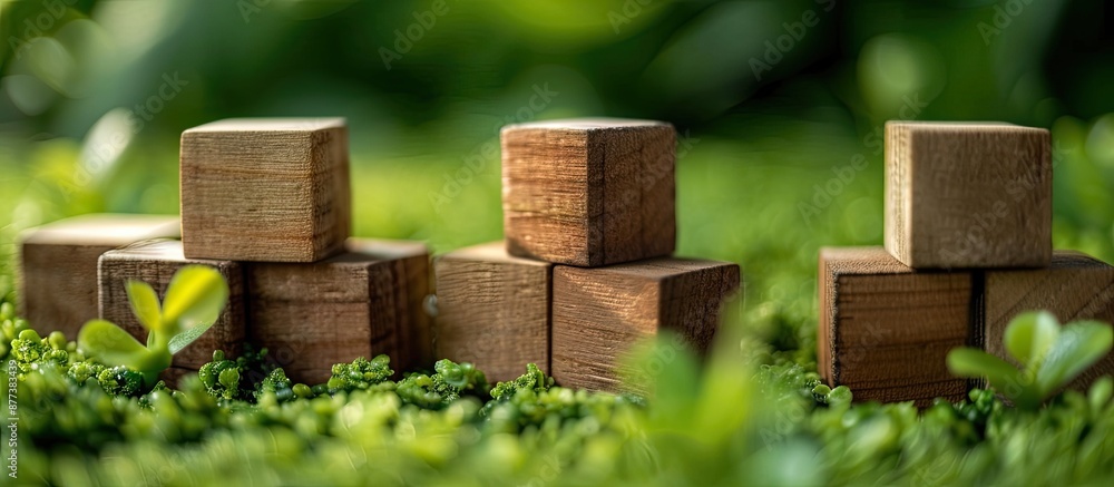 Poster wooden cubes devoid of content are set against a lush green backdrop offering ample copy space image