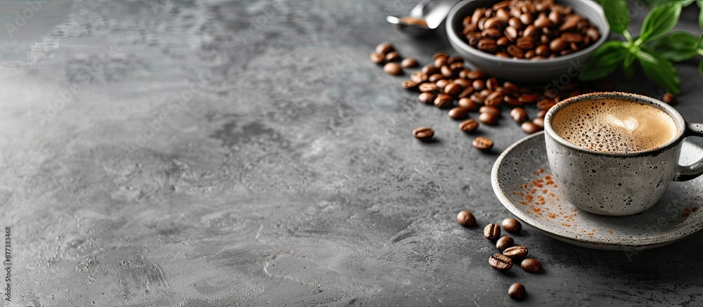 Poster concrete table with a coffee cup beans and copy space image in the background