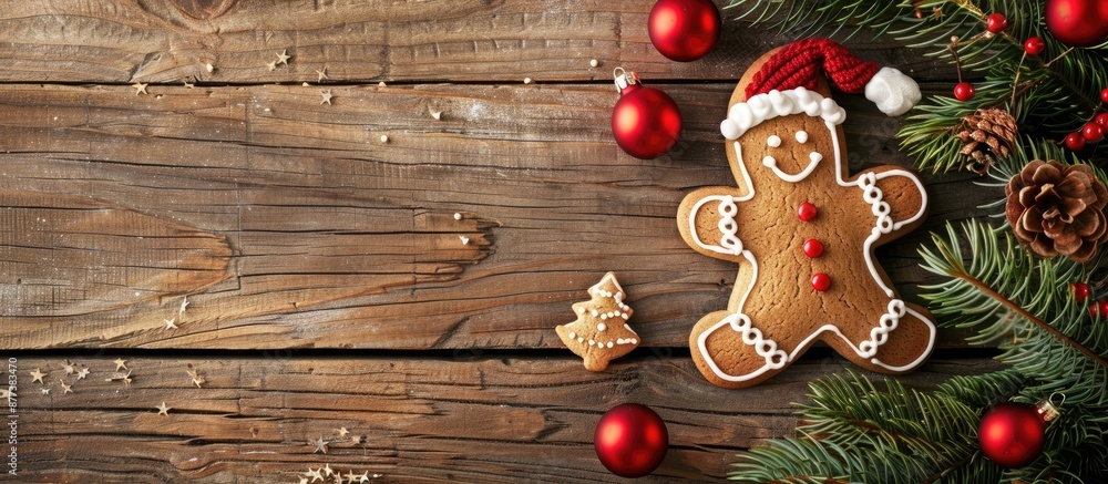 Poster gingerbread santa resting on a rustic wooden surface beneath a christmas tree creates a festive scen