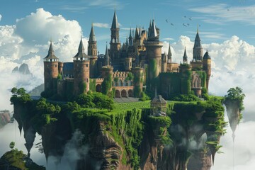 Fototapeta premium A Picturesque Stone Castle Perched On A Floating Island Amidst Lush Greenery And White Clouds