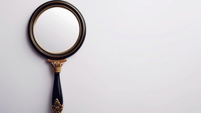 Classic black and gold handheld mirror on white backdrop with empty space for text