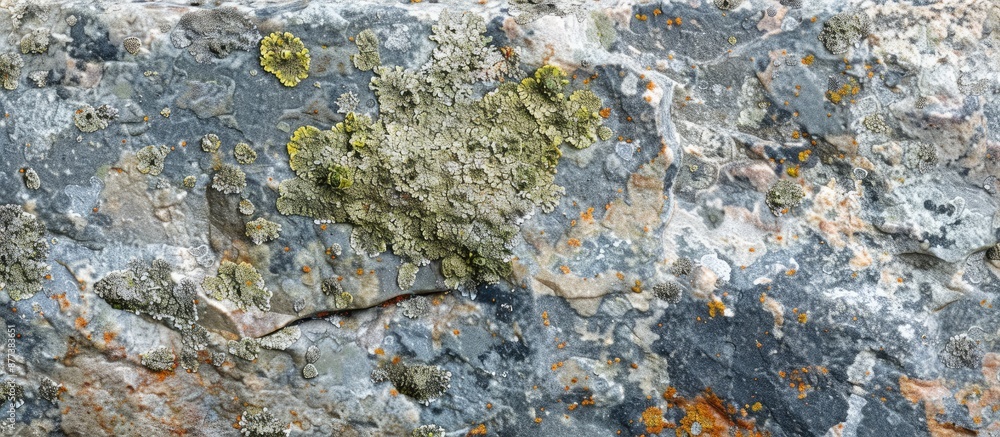 Poster granite stone background with lichen creating a textured surface providing a copy space image