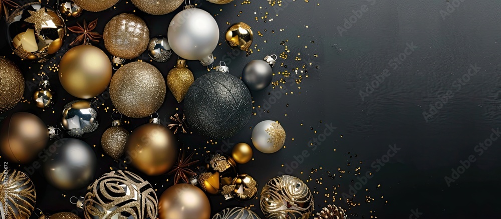 Poster stunning christmas baubles in gold and silver colors arranged on a dark black background with space 