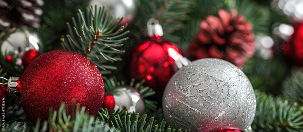 Canvas Prints close up of red and silver christmas ornaments on a tree with copy space image