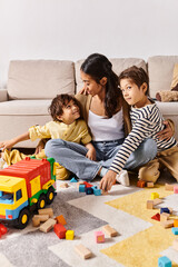 A young Asian mother and her children happily play with colorful blocks on the living room floor.