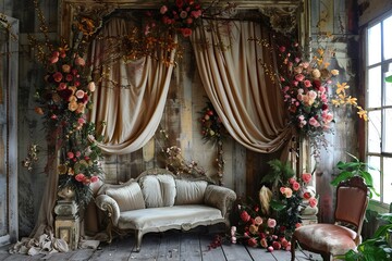 Fototapeta premium Elegant vintage seating area is decorated with numerous colorful flowers and draped curtains