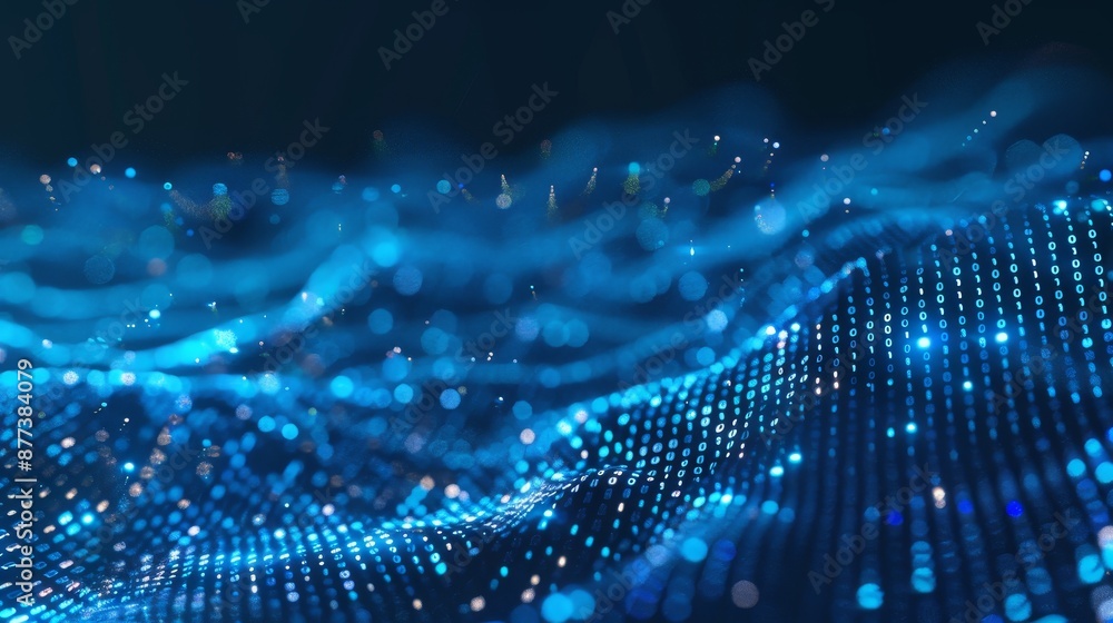 Poster particles in cyberspace and network connections in digital data.