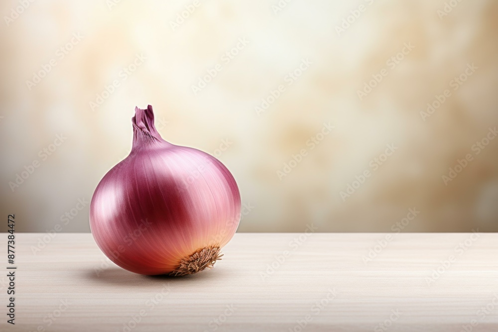 Poster single red onion sits on a wooden tabletop with a soft bokeh background