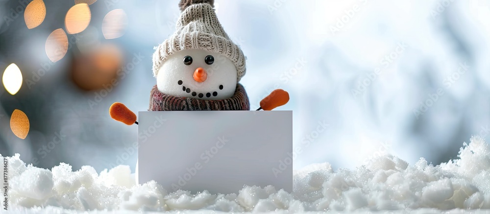 Poster snowman happily positioned behind a blank greeting card in a photograph with ample empty space for t