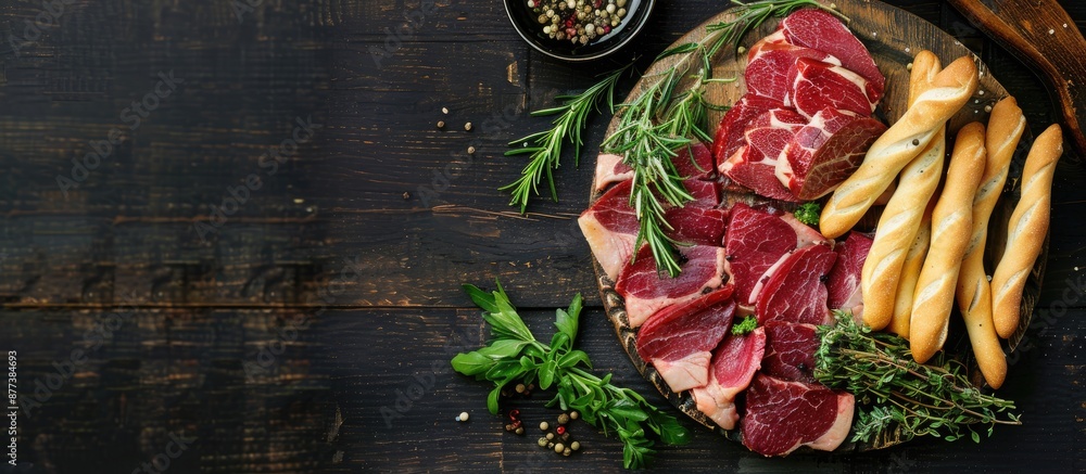 Poster Aerial view of a delectable meat platter with fresh herbs and breadsticks displayed on a dark wooden table with ample copy space image