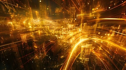 Radiant Golden Lights Dance in a Dramatic Shadowy Cityscape at Night Captivating Abstract Digital Artwork