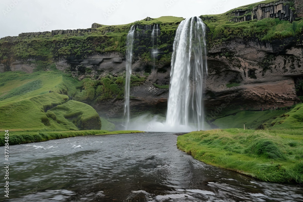 Poster powerful seljalandsfoss waterfall cascading over cliffs in iceland