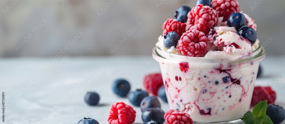 Poster glass jar filled with delicious ice cream topped with fresh raspberries and blueberries creating a c