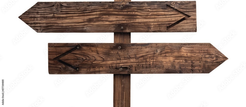 Poster wooden signpost with arrows on empty board on white background suitable for adding text or image in 