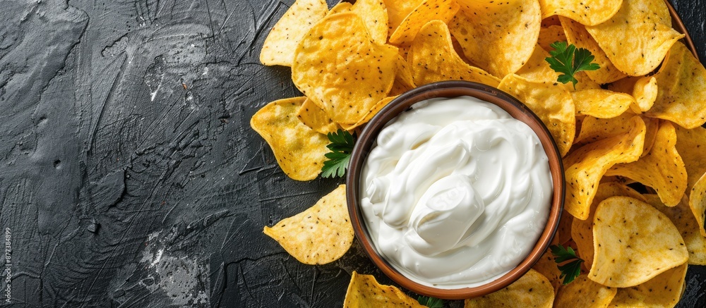 Poster sour cream and potato chips arranged appetizingly on a table with copy space image