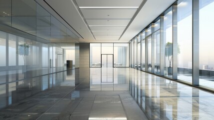 Fototapeta premium Modern Office Hallway with Glass Walls and City Views