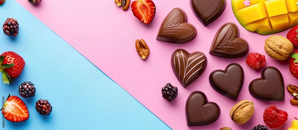 Poster heart shaped chocolate sweets decorated with fruits and nuts on a colorful backdrop in a top down pe