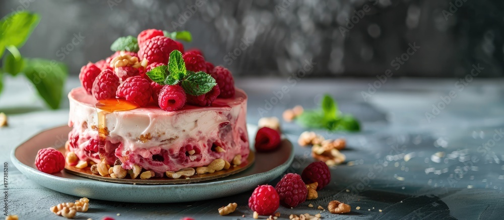 Aufkleber raspberry cake topped with nuts and a drizzle of honey perfect for enticing food photography with am