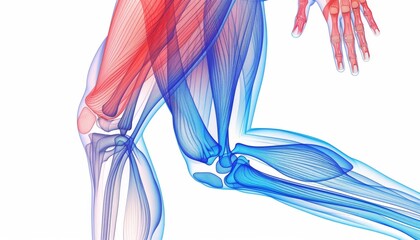 Illustration of thigh muscles and knee joint anatomy with red and blue highlights