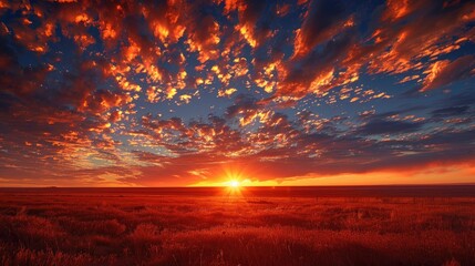 Fototapeta premium A warm sunset over a desert landscape with distant mountains.