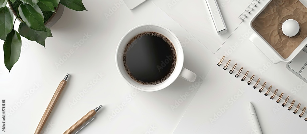 Poster top view of a white desk with black coffee office items and a blank board for writing ideal for busi