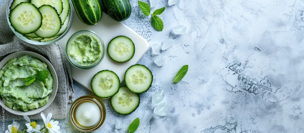 Poster cucumber home spa and hair care concept with various items like sliced cucumber oils soap mask jar t
