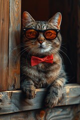 Cool and Adorable Tabby Cat Wearing Stylish Red Polka Dot Bow Tie and Retro Vintage Sunglasses Posing in Wooden Frame Close-Up Portraitcat