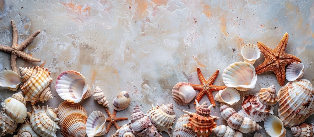 Poster seashells arranged beautifully on a table with ample copy space image