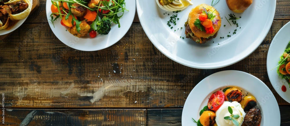 Aufkleber a diverse selection of delectable dishes fills a white plate displayed on a solid wooden table creat
