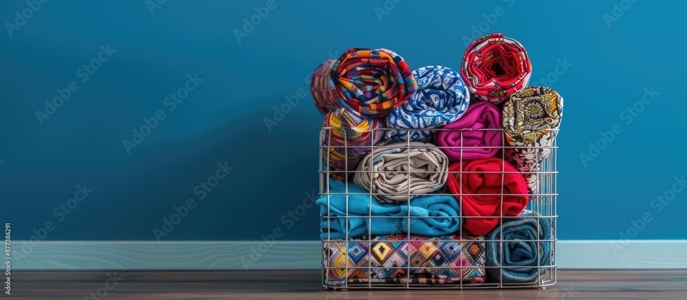Poster fabric neatly folded inside a wire container with a spacious area for display perfect for showcasing
