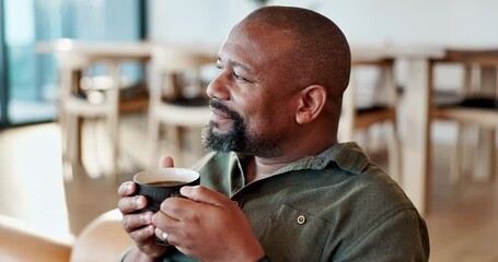 Aroma, coffee and relax with mature man on sofa in living room of home for thinking or wellness. Contemplating, scent and smile with happy African person in apartment for break or weekend time off