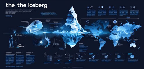 Detailed infographic of the iceberg concept with world map and data visualization