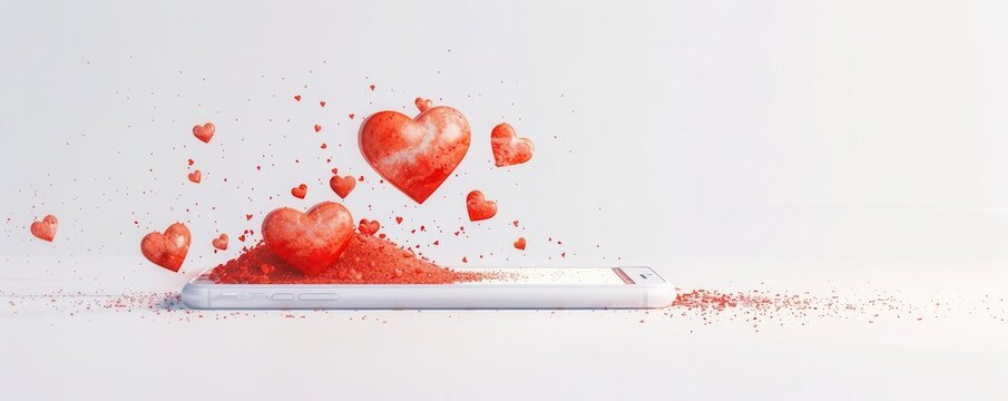 Red hearts spilling out of a white phone, symbolizing love and technology.