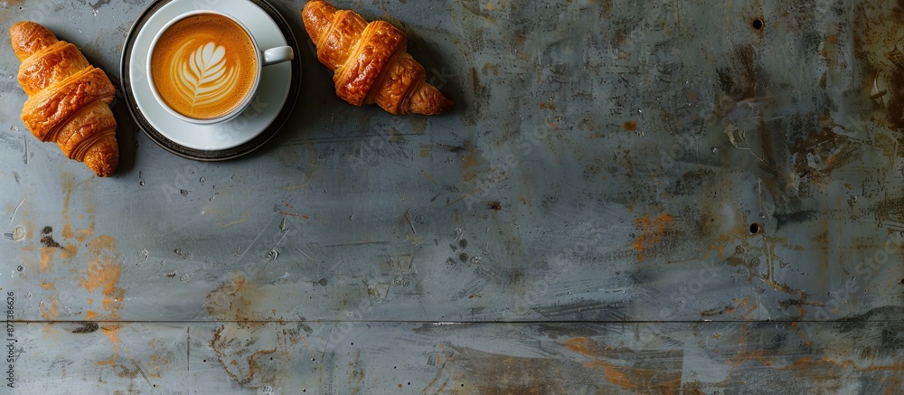 Poster top view of a white cup of espresso surrounded by two croissants placed on a rustic iron surface aga