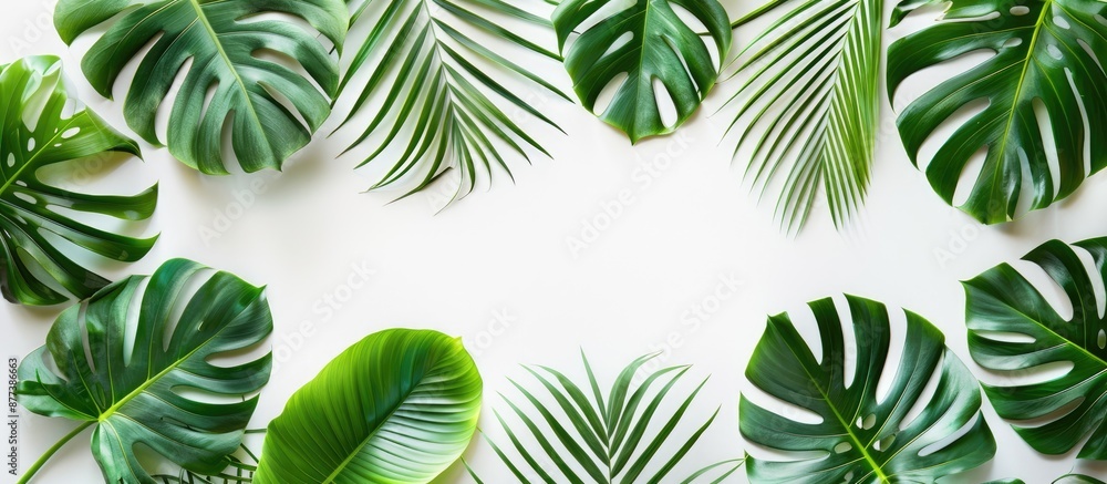 Poster overhead view of lush palm leaves and monstera leaves on white backdrop with ample copy space image