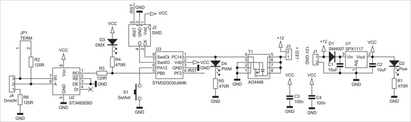 Schematic diagram of electronic device on white sheet of paper. Vector drawing electrical circuit with connector,
resistor, capacitor, integrated circuit, 
microcontroller, led, other components.