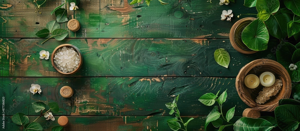 Poster spa elements arranged on a wooden table against a green backdrop create a serene composition with co